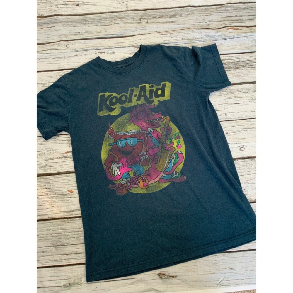 Kool-Aid Graphic Tee Mens Small Kraft Faded Black Retro Dinosaur Guitar Shirt